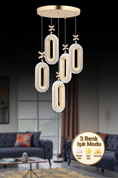 Roque Eclipse Model 5'li Gold 3 Renk Ledli Kristal Taşlı Modern Salon Mutfak Oturma Odası Led Avize