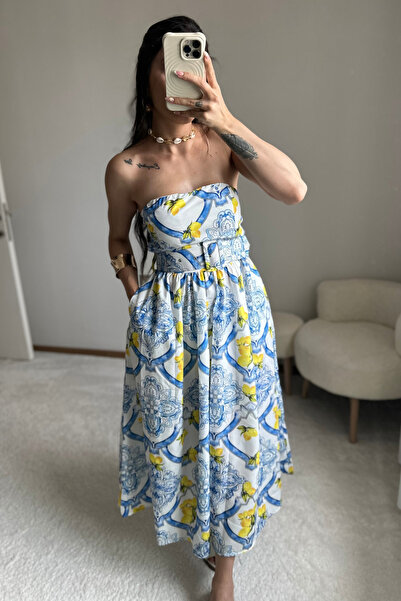 MoyStore Çiçek Desen Straplez Kemerli Midi Boy Elbise