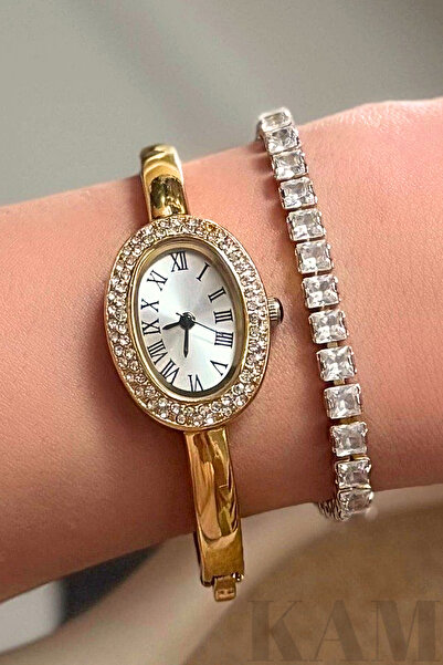 thekam ساعة معصم على شكل قيد - مقاس القيد ثابت 18 سم، ساعة يد ذهبية اللون