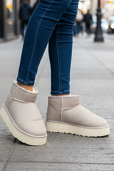 CEYDA SHOES Kadın Mini Süet İçi Kürklü Yumuşak Yarım Bot Kalın Taban Süet Kalın Taban Kadın Bot