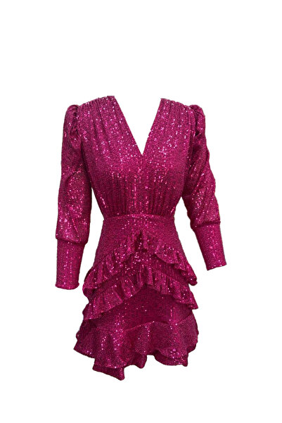 ElifNaz Fuşya Karpuz Kol Fırfırlı Elbise