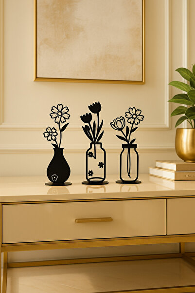 VENON Vazo Çiçek Seti 3’lü Metal 13x30 Dekoratif Obje – Siyah Masa Üstü Süs D...