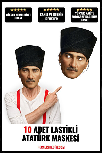 heryerehediye Atatürk Kalın Parlak Karton Yüz Maskesi Kullanıma Hazır Lastikli (10 ADET)