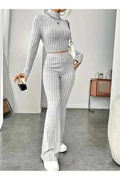 buHillco Gray Long Sleeve Turtleneck Ribbed Crop Top and Pants Women's Top and Bottom Set