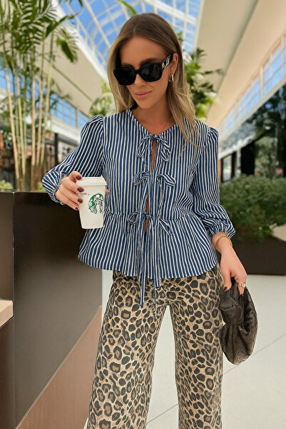 King Brothers Navy Blue Blouse Bow Balloon Sleeve Striped Poplin Women's Blouse