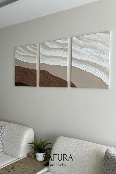 Safura Art Studio Dokulu Tablo – El Yapımı 3 Boyutlu Kumaş Doku, Modern İskandinav Dekor (Kumaş Dalga - Üçlü)