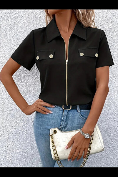 ARONA Mdb Women's Short Sleeve Jacket Collar-Front Zipper Pocket Detail Short Sleeve Imported Crepe Blouse