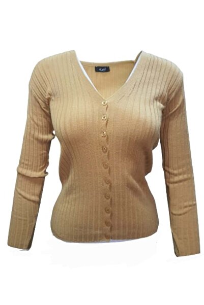 cantürk Me-Na 3007 Kadın Selanik İnce Önden Düğmeli Hırka - Sarı