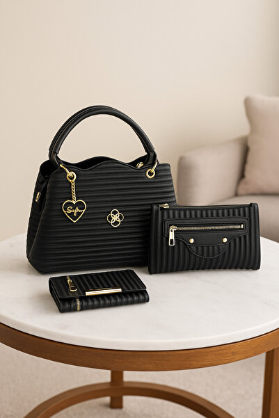 MOLDİVA 3'lü Set Kadın Siyah Çanta Kombin, Kadın Omuz Çantası, Kadın Günlük Ç...