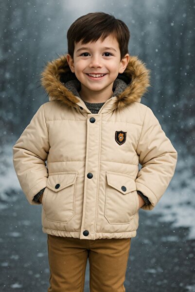 asiltr Thick Waterproof Hooded Inflatable Children's Coat with Fur Inside. 1 Year Old /2 Years Old/3 Years Old/4 Years Old