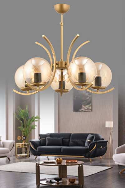 avimonaydınlatma OPPO 5'Lİ BAL RENGİ GLOB CAMLI ESKİTME MODERN SARKIT AVİZE OTURMA ODASI SALON