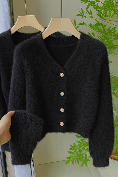 NATUFIAN STORE Cardigan de tricotat de bază cu decolteu în V, cu aspect de pluș negru, pentru femei