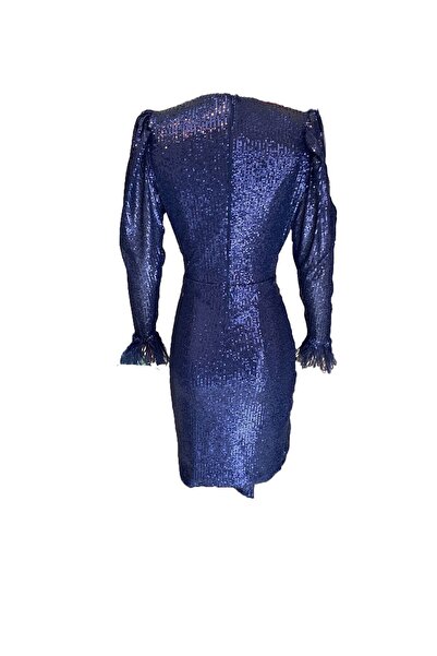 ElifNaz Payetli Otriş Detaylı Lacivert Karpuz Kol Elbise