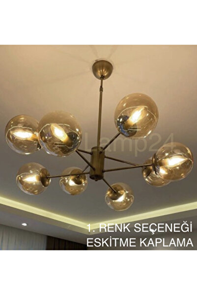 Lamp24 PAOLO SERİSİ 8 KOLLU MODERN AVİZE - BAL CAMLI - ESKİTME KAPLAMALI