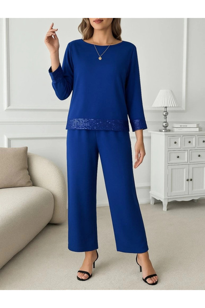 ARONA Women's long sleeve crew neck sequin viscose two-thread blouse and pants two-piece set