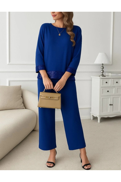 ARONA Women's long sleeve crew neck sequin viscose two-thread blouse and pants two-piece set