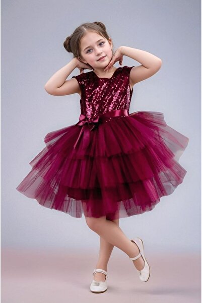 ABİYEKİDS Payetli Katkat Bordo Çocuk Abiye Gösteri Parti Elbisesi 23nisan Elbisesi Aby182