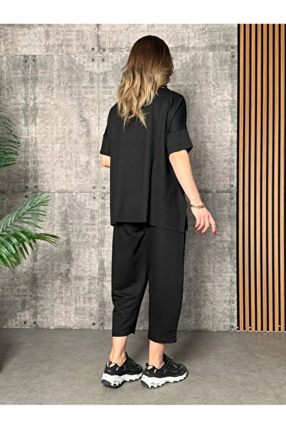 ARONA Mdb Women's Short Sleeve Crew Neck Viscose Two Thread Blouse and Pants Two Piece Set