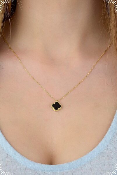 AcestesDesign Siyah Onix Opal Taşlı Yonca Şans 925 Ayar Gümüş Kolye