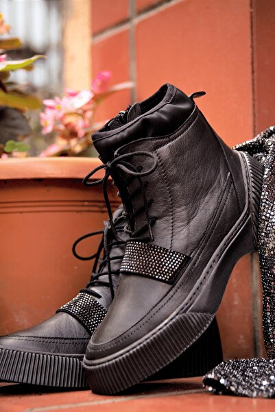 İNZE AYAKKABI Black Genuine Leather Boots - Model Name Monreo