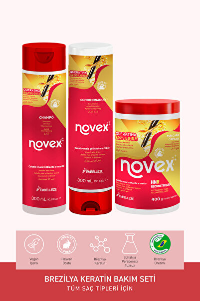 NOVEX Brezilya Keratin - Şampuan 300ml Saç Kremi 300ml Saç Maskesi 400g -