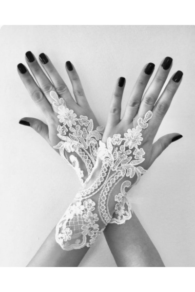 VENÜS MODA by Pınar Güpür Eldiven Kırık Beyaz Nikah Eldiveni Fransız Güpür Ku...