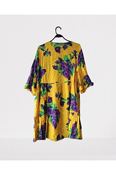 Namaste Vintage Sarı-mor desenli otantik midi elbise (36-44 beden uyumlu) % 100 Pamuklu