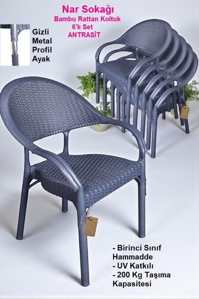 nar sokağı 6 Adet Bambu Rattan Kollu Sandalye Koltuk 6'lı Set