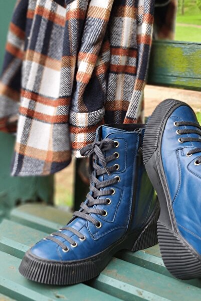 İNZE AYAKKABI Navy Blue Genuine Leather Boots-Model Name: New York