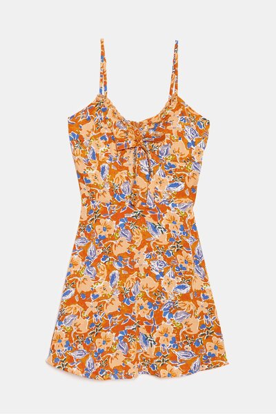 Saade Çok Renkli A Kesim Bağlama Detaylı Mini Dokuma Elbise - Viskon