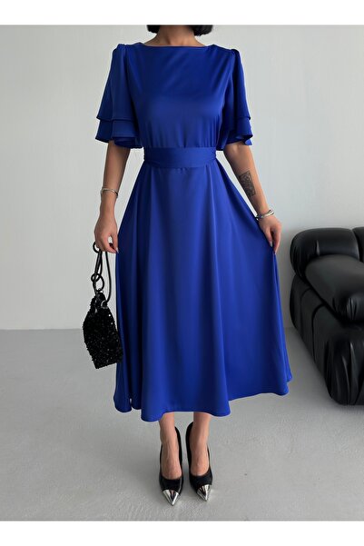 ESSEDRESS فستان سهرة نسائي من الساتان من Lisa باللون الأزرق الداكن