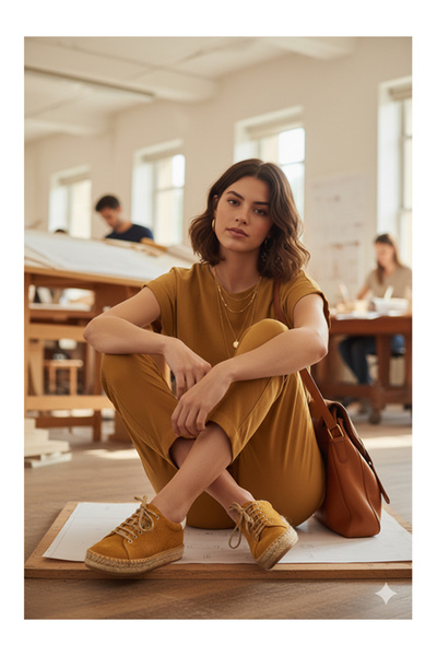 Namaste Vintage Hardal Hakiki Deri Süet Hasır Taban Kadın Espadril