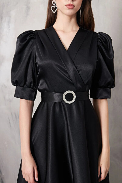 Sheeny Dm LİFE SİYAH kloş etek saten midi boy abiye elbise