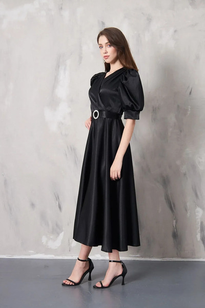 Sheeny Dm LİFE SİYAH kloş etek saten midi boy abiye elbise