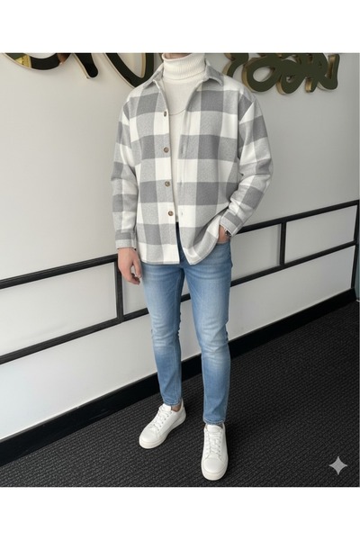 A&O Style Чоловіча сіра oversize картата товста зимова флісова сорочка