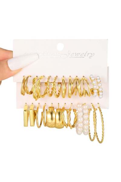 huitich Elegant 12 Pcs Gold Colour Hoop & Pearl Earring Set