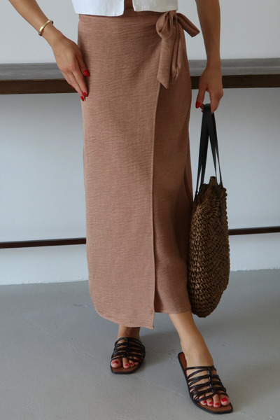 adba style Kadın Belden Bağlamalı Keten Karışımlı Dokuma Etek 4040