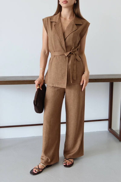 Mogi Butik Women's Belted Vest Palazzo Linen Suit 3080
