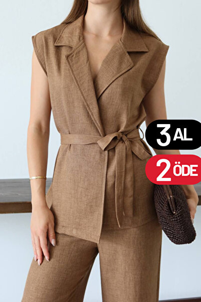 Balenbi بدلة كتان بالازو نسائية بحزام 1097