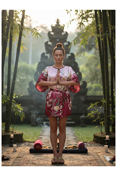 Namaste Vintage بلوزة كيمونو من الساتان مع وشاح من الحرير الصيني مع طباعة زهو...