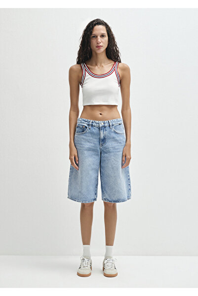 Mavi Biye Detaylı Beyaz Crop Atlet Crop / Kısa Kesim 1613435-70057