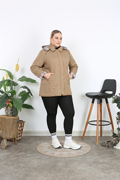 TUTveAL Collection Plus Size Cotton Plaid Quilted Coat, Jacket, with Hood, Seasonal, Water-Repellent, with Belt, Mink