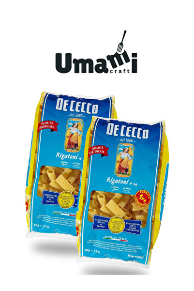 UMAMİCRAFT De Cecco Rigatoni No.24 1 kg x 2 (Toplam 2 kg) – Kalın Tüp İtalyan Makarna, Sos Tutucu