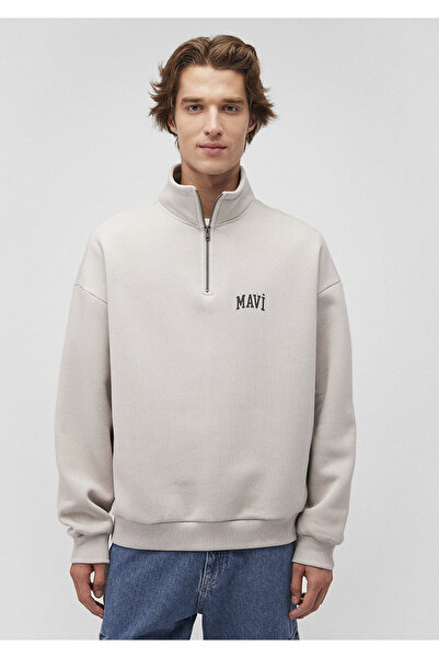 Mavi Logo Baskılı Yarı Fermuarlı Gri Sweatshirt 0S10208-70074