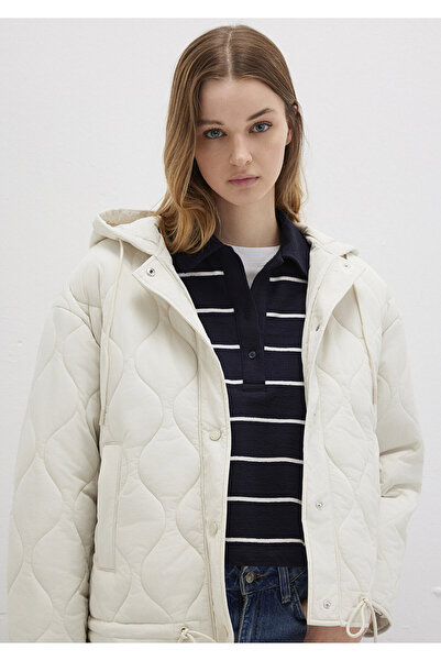 Mavi Kapitone Beli Bağcıklı Ekru Ceket Oversize / Geniş Kesim 1110323-86412