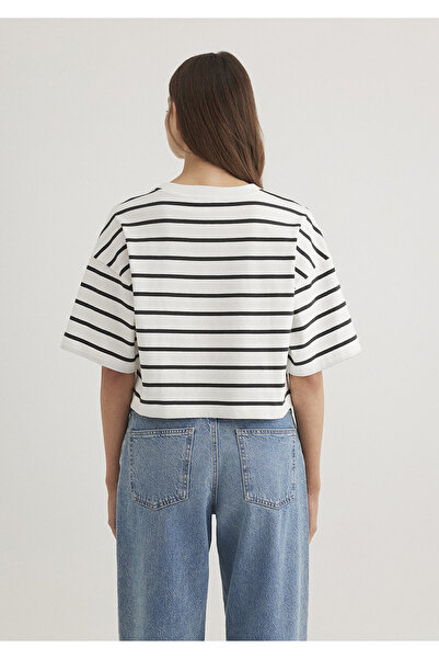 Mavi Logo Baskılı Siyah Çizgili Crop Tişört Crop / Kısa Kesim 1612227-86678