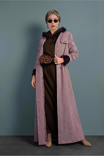 Alvina 10145 Model Velvet Buttoned Top Coat