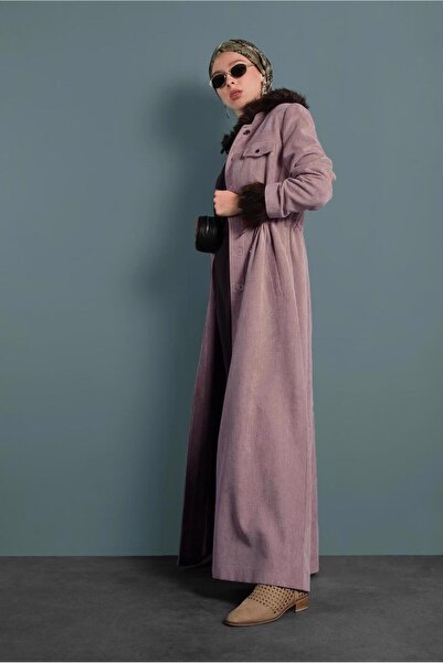 Alvina 10145 Model Velvet Buttoned Top Coat