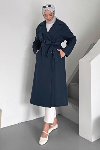 TRENDTESETTÜR Women's Navy Blue Belted Trench Coat t 78852