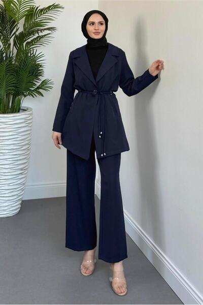 TRENDTESETTÜR Women's Dark Blue Lace Detail Pants Suit t 2226